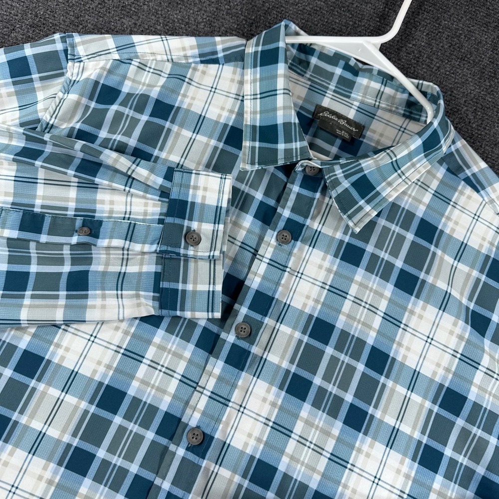 Eddie Bauer Button Down Mens 2XL XXL Blue Plaid Outdoor Stretch Long Sleeve‎
